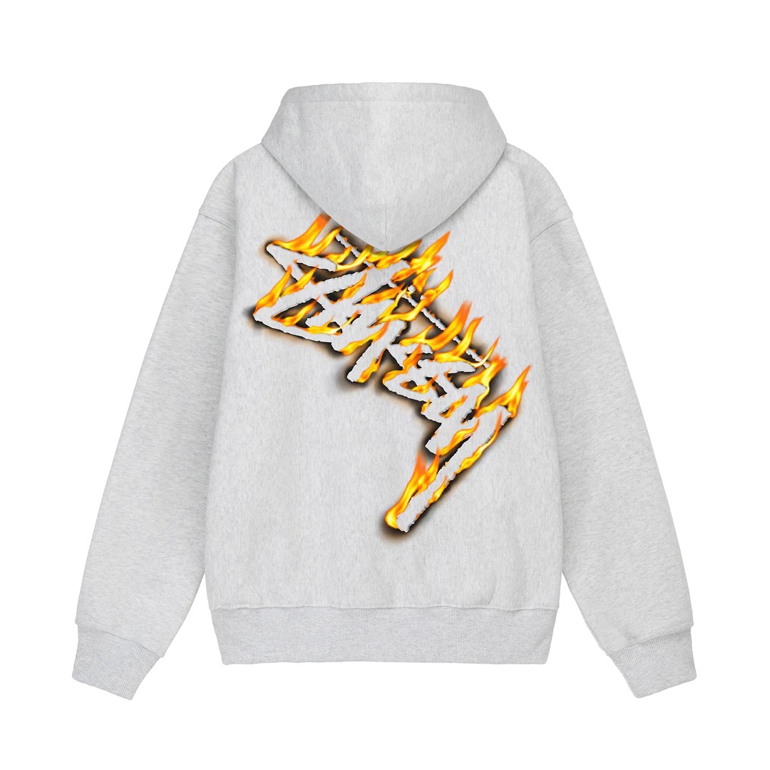 STUSSY BURNING ZIP HOODIE - ASH HEATHER